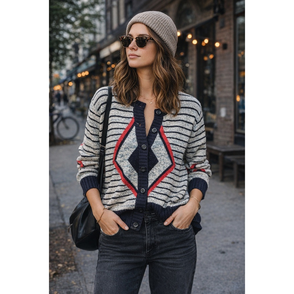 Vintage Full Fashioned Diamond Stripe M Cardigan Sweater Navy Blue Red Womens